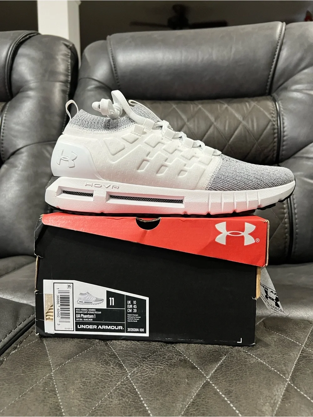 Under Armour White & Light Gray HOVR Phantom Athletic Sneakers